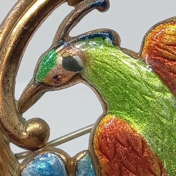 * vintage antique enamel over brass Bird of Paradise art deco pin brooch - Picture 3 of 5